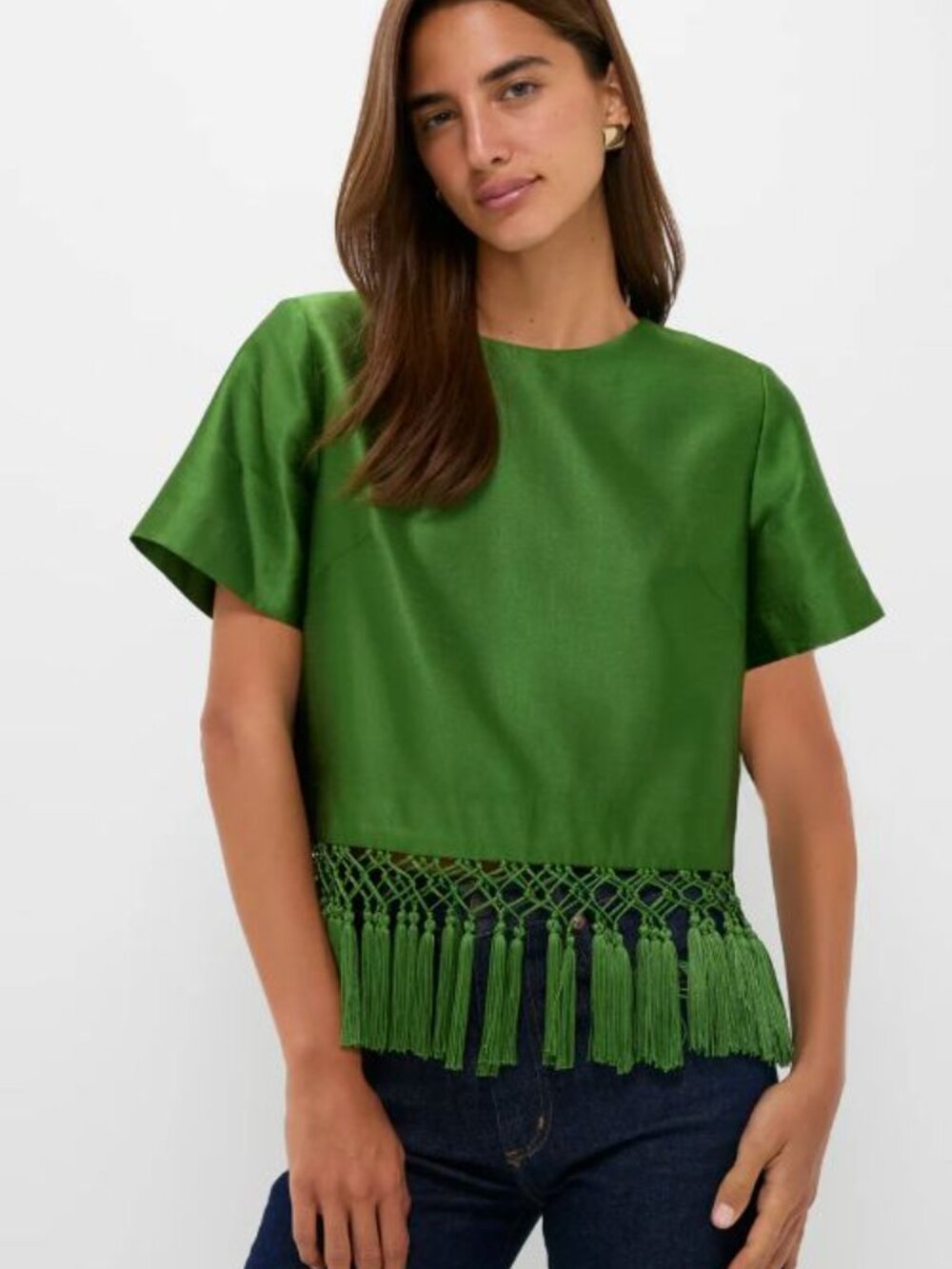 Tuckernuck Green Dupioni Chadwick Tassel Top Size S